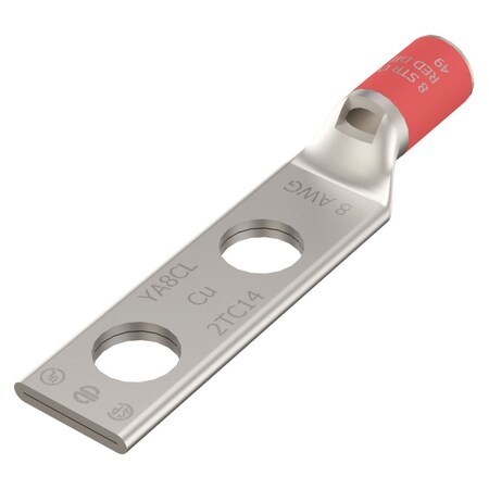 Burndy Cu Comp Terminal Code Cond, Bvl Entry, 2 Hole/W/InspWindow, #8 AWG Str YA8C2LN